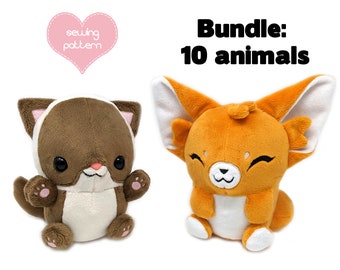 Plush sewing pattern PDF bundle - Chibi pokedoll kawaii plushie - furry anthro cat fennec fox ferret bear bunny rat mouse chinchilla wolf