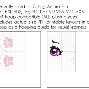 K&ouml;nnte beinhalten: Zwei Stickmuster f&uuml;r einen sitzenden Anthro-Fuchs. Das erste Muster zeigt zwei rosa Pfotenabdr&uuml;cke auf einem 4x4 Zoll gro&szlig;en Stickrahmen. Das zweite Muster zeigt ein violettes Auge mit Wimpern auf einem 4x4 Zoll gro&szlig;en Stickrahmen. Die Muster sind kompatibel mit den Stickformaten DST, EXP, HUS, JEF, M4, PES, VIP, VP3, VP4 und XXX.