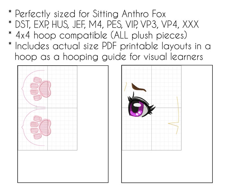 K&ouml;nnte beinhalten: Zwei Stickmuster f&uuml;r einen sitzenden Anthro-Fuchs. Das erste Muster zeigt zwei rosa Pfotenabdr&uuml;cke auf einem 4x4 Zoll gro&szlig;en Stickrahmen. Das zweite Muster zeigt ein violettes Auge mit Wimpern auf einem 4x4 Zoll gro&szlig;en Stickrahmen. Die Muster sind kompatibel mit den Stickformaten DST, EXP, HUS, JEF, M4, PES, VIP, VP3, VP4 und XXX.