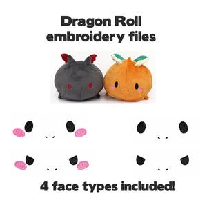 Puede incluir: Dos peluches, uno negro y otro naranja, con diferentes expresiones faciales. Los juguetes tienen forma de dragón y un cuerpo en forma de rollo. La imagen muestra cuatro tipos de caras diferentes para archivos de bordado, con el texto "¡4 tipos de caras incluidos!" en la parte inferior.