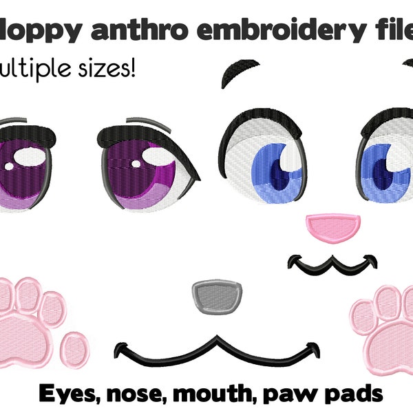 Embroidery machine files - Anthro Floppy plush design - Eyes, muzzle, arm and foot paw pads - furry anime face for plushie stuffed animal