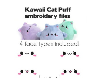 Embroidery machine files - Kawaii cat bunny bear face and eyes for Kawaii Cat Puff plush - plushie faces for stuffed animal ITH plushie