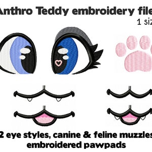 Puede incluir: Archivos de bordado Anthro Teddy, un tamaño. Dos estilos de ojos, hocicos caninos y felinos, almohadillas para patas bordadas.