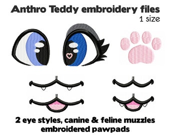 Embroidery machine files - Anthro Teddy plush design - 2 eyes, muzzle, hand and foot paw pads - furry fursuit face plushie stuffed animal