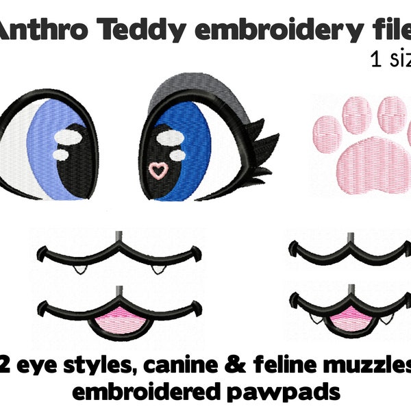 Embroidery machine files - Anthro Teddy plush design - 2 eyes, muzzle, hand and foot paw pads - furry fursuit face plushie stuffed animal
