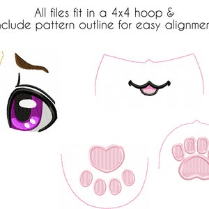 K&ouml;nnte beinhalten: Stickmuster-Set mit einem rosa Pfotenabdruck mit Herz, einem rosa Pfotenabdruck und einem wei&szlig;en Katzenkopf mit rosa Zunge und schwarzen Schnurrhaaren. Alle Designs sind f&uuml;r eine einfache Ausrichtung umrandet.