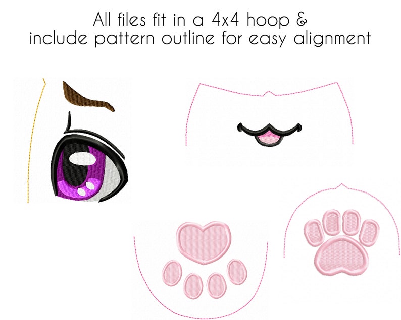 K&ouml;nnte beinhalten: Stickmuster-Set mit einem rosa Pfotenabdruck mit Herz, einem rosa Pfotenabdruck und einem wei&szlig;en Katzenkopf mit rosa Zunge und schwarzen Schnurrhaaren. Alle Designs sind f&uuml;r eine einfache Ausrichtung umrandet.