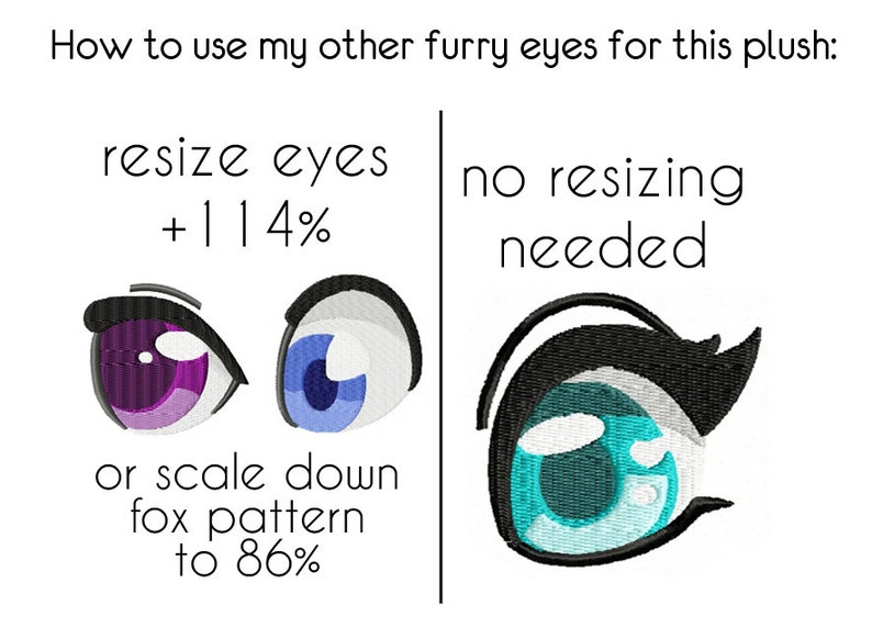 K&ouml;nnte beinhalten: Eine Grafik mit zwei verschiedenen Paaren von Cartoon-Augen. Der Text &uuml;ber den Augen lautet "So verwendest du meine anderen Fell-Augen f&uuml;r diesen Pl&uuml;sch:". Die linke Seite der Grafik zeigt ein Paar Augen mit Anweisungen, sie um 114 % zu vergr&ouml;&szlig;ern oder das Muster auf 86 % zu verkleinern. Die rechte Seite der Grafik zeigt ein Paar Augen mit dem Text "Keine Gr&ouml;&szlig;en&auml;nderung erforderlich".