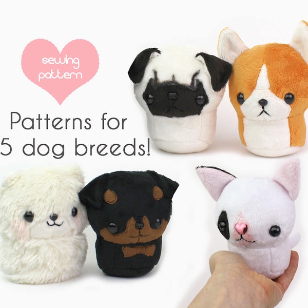 Plush sewing pattern PDF Kawaii Dog stuffed animal with video tutorials - Teacup Puppy plushie 25 breeds pug corgi easy fast