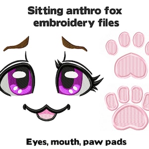 K&ouml;nnte beinhalten: Stickdateien f&uuml;r einen sitzenden Anthro-Fuchs, mit Augen, Mund und Pfotenballen. Die Augen sind lila mit schwarzen Umrandungen und wei&szlig;en Highlights. Der Mund ist ein einfaches L&auml;cheln mit einer rosa Zunge, die herausragt. Die Pfotenballen sind rosa mit einem strukturierten Design.