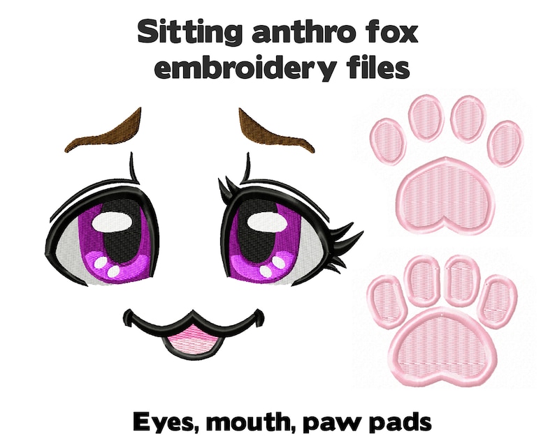 K&ouml;nnte beinhalten: Stickdateien f&uuml;r einen sitzenden Anthro-Fuchs, mit Augen, Mund und Pfotenballen. Die Augen sind lila mit schwarzen Umrandungen und wei&szlig;en Highlights. Der Mund ist ein einfaches L&auml;cheln mit einer rosa Zunge, die herausragt. Die Pfotenballen sind rosa mit einem strukturierten Design.