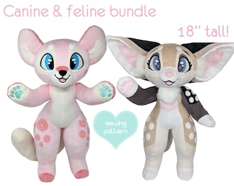 Plush sewing pattern PDF furry teddy anthro standing plushie - bundle canine feline teddy - stuffed animal fursuit buddy w/ video tutorials