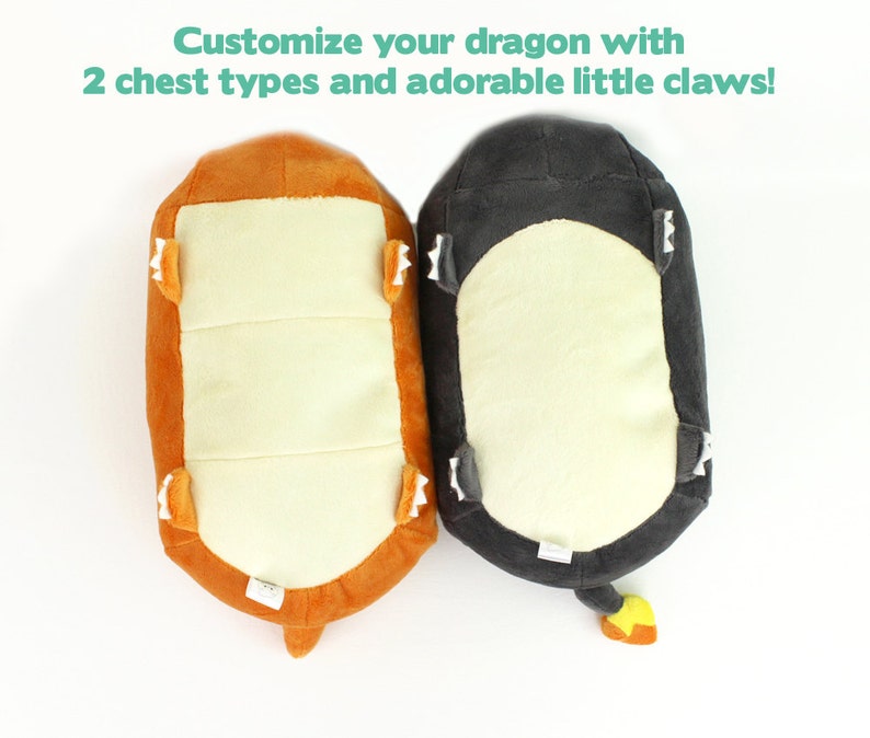 May include: Two plush dragon toys, one orange and one gray, with different chest designs. Both have small white claws on their feet.