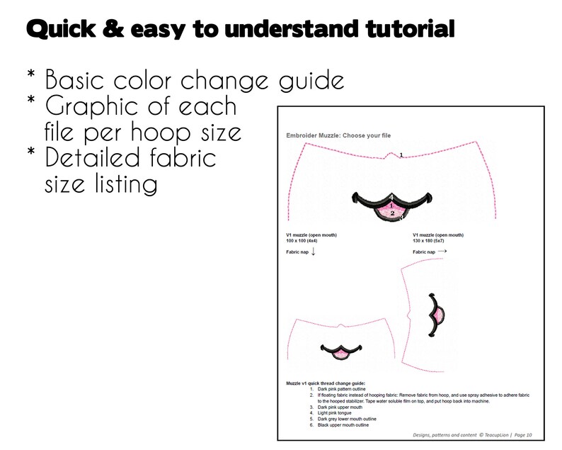 K&ouml;nnte beinhalten: Diagramm, das zeigt, wie man eine Hunde-Schnauze stickt. Das Diagramm zeigt zwei verschiedene Stickrahmengr&ouml;&szlig;en, 100 x 100 mm und 130 x 180 mm. Das Diagramm enth&auml;lt auch eine Farbwechselanleitung mit sechs Schritten.