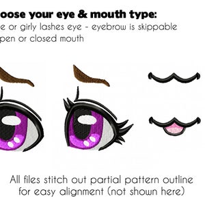 K&ouml;nnte beinhalten: Eine digitale Illustration verschiedener Augen- und Mundoptionen f&uuml;r einen Comic-Charakter. Die Augen sind lila mit wei&szlig;en Pupillen und schwarzen Umrissen. Die M&uuml;nder sind schwarz mit einer rosa Zunge, die herausragt.