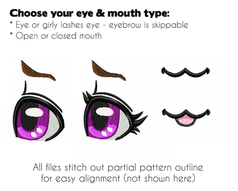 K&ouml;nnte beinhalten: Eine digitale Illustration verschiedener Augen- und Mundoptionen f&uuml;r einen Comic-Charakter. Die Augen sind lila mit wei&szlig;en Pupillen und schwarzen Umrissen. Die M&uuml;nder sind schwarz mit einer rosa Zunge, die herausragt.