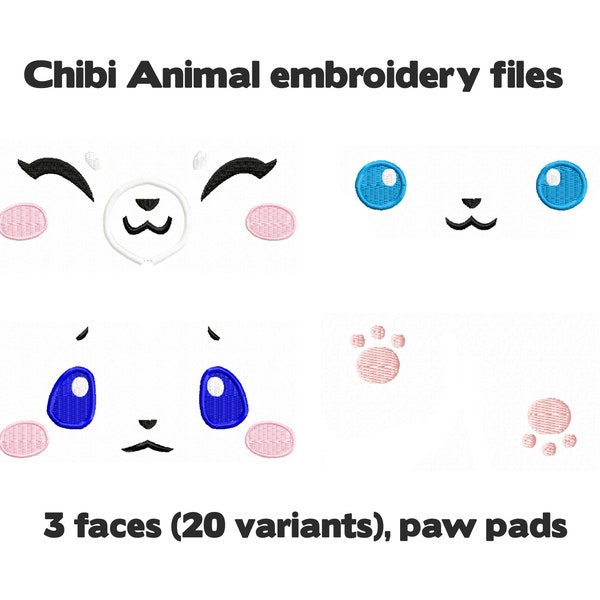 Embroidery machine files - Chibi animal bundle plush design - bear, bunny, fox face, paws - kawaii plushie stuffed animal