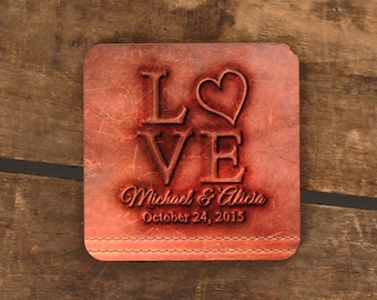 Personalized Love Coasters (designed to LOOK like embossed leather) - Rustic - set of 4