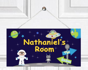 Personalized Child's Door Sign - Outerspace Theme - Blue Sky/Boy Astronaut