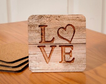 Love Coasters (designed to look wood carved) - set of 4