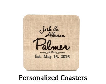Personalized Monogramed Coasters/Wedding Coasters - set of 4 - burlap-look