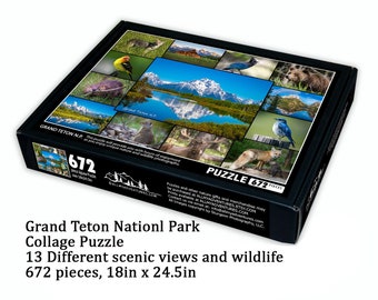 Könnte beinhalten: Ein 672-teiliges Puzzle mit 13 malerischen Ansichten und Wildtieren aus dem Grand Teton National Park. Das Puzzle misst 45,7 cm x 62,2 cm.