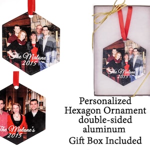 Kundenspezifisches Foto-Hexagon-Ornament: Doppelseitiges Andenken aus Aluminium