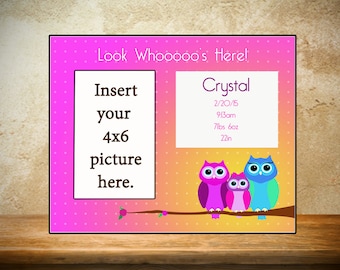 Personalized Baby Frame/Birth Frame - Look Whoos here theme/owl theme