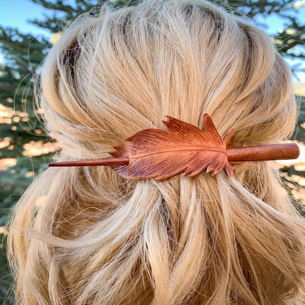 Brown Feather Tooled Leather Hair Slide Barrette with Stick