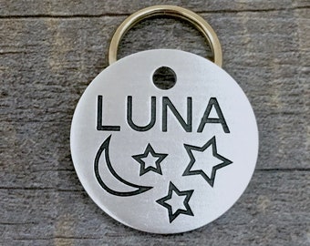 Dog tag for dogs,  Pet id tag,  Engraved id tag, Personalized id tag, Luna dog tag, moon tag, stars pet id tag, celestial dog tag
