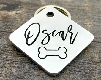 Pet id tag, dog tag, custom engraved pet tag, square dog tag, Bone dog tag, personalized id tag