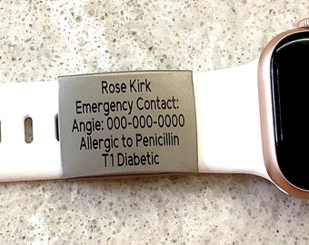 Medical id bracelet, Medical alert watch band, personalized id tag,  custom plate for silicone band, id for apple watch, smartwatch id plate