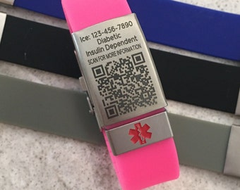 QR Code medical alert bracelet, PingTag membership, id bracelet waterproof, mens sport band, allergy alert, diabetic, emergency id women