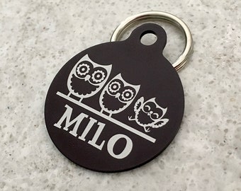 Dog tags for dogs, pet tag with owls, id tag with birds, custom engraved pet tag, personalized pet accessory