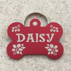 Hibiscus flower design pet tag, custom engraved pet tag, bone pet Id tag, dog collar name tag, dog tag personalized