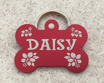 Hibiscus flower design pet tag, custom engraved pet tag, bone pet Id tag, dog collar name tag, dog tag personalized