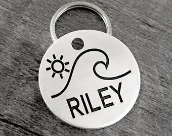 Dog id tag, engraved pet tag, dog tag personalized, dog tags for dogs, dog collar name tag,  sun tag, ocean wave