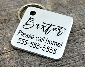 Dog tags for dogs, pet id tag, custom engraved pet tag, square dog tag, call home tag, personalized id tag