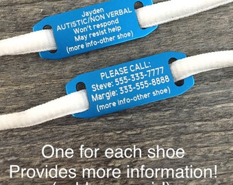Medical id tag, shoe tags custom, autistic medical id, autism, in case of emergency, ice Id tag, emergency id tags, sold as a pair