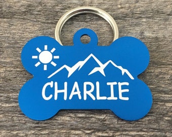 dog tags for dogs, custom engraved pet tag, bone pet Id tag, dog collar name tag, mountain dog tag, dog tag personalized