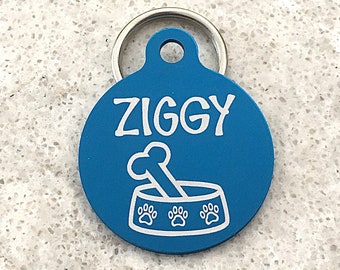 Dog tags for dogs, funny tag for pets, custom engraved pet tag,  dog id personalized, tag with bone and dog bowl