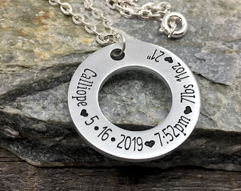 Birth stat necklace for new mom, washer necklace, jewelry for new mom, personalized washer, custom baby gift