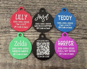 QR code id dog tag, scannable id tag, QR CODE pet tag, engraved dog tags, qr code, pet id tags, dog tags for dogs,  dog tag personalized