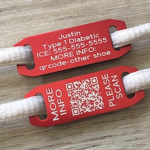 QR Code medical shoe tags, + Free PingTag lifetime membership, ICE custom tag, diabetic emergency id, personalized shoe tags, sold as a pair