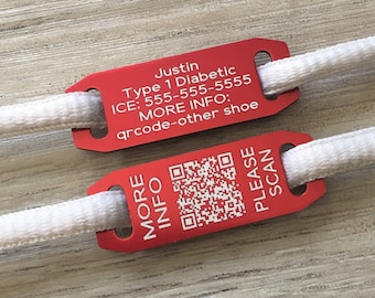 QR Code medical shoe tags, + Free PingTag lifetime membership, ICE custom tag, diabetic emergency id, personalized shoe tags, sold as a pair