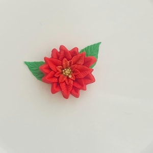 May include: A red poinsettia flower with green leaves. The flower has a gold center.