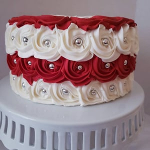 Red and White Rosette Fake Cake: 8-inch Faux Display