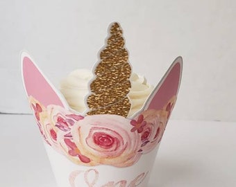 Pink and Gold unicorn cupcakes wrappers.