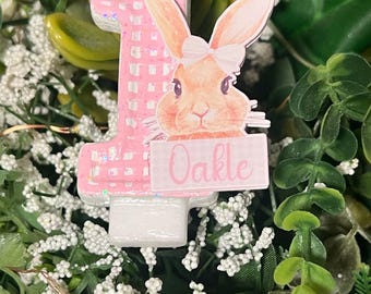 Personalized Bunny Number Candle – Gingham Check Spring Birthday Cake Topper