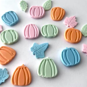 May include: A collection of small, flat, moulded decorations in the shapes of pumpkins and leaves. The pieces are coloured in pastel shades of pink, orange, light blue, and mint green, featuring embossed lines to define the pumpkin ribs and leaf veins.